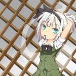  adjusting_hair alternate_hairstyle aqua_eyes arms_behind_head bad_id bad_pixiv_id black_hairband grey_background hair_ribbon hair_tie hairband konpaku_youmu konpaku_youmu_(ghost) looking_at_viewer mouth_hold ribbon short_hair short_sleeves skirt skirt_set smile solo touhou trellis tying_hair white_hair yumekozo 