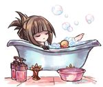  alternate_hairstyle bangs bath bathing bathroom bathtub black_gloves blunt_bangs bow bowtie brown_hair bubble claw_foot_bathtub closed_eyes deemo folded_ponytail from_side fuku_(huku_m) girl_(deemo) gloves hair_up happy indoors leg_up light_smile partially_submerged rubber_duck sidelocks simple_background sitting smile soap_bubbles solo tile_floor tiles toy washbowl white_background 