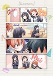  2girls ahoge bibi black_hair blazer blue_eyes brown_eyes comic digital_media_player earphones hair_bun hair_ribbon hikigaya_hachiman jacket long_hair multiple_girls pink_hair ribbon school_uniform short_hair yahari_ore_no_seishun_lovecome_wa_machigatteiru. yuigahama_yui yukinoshita_yukino 