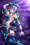  armpits bare_shoulders between_breasts between_fingers blue_eyes breasts chain_chronicle character_request covered_nipples detached_sleeves hair_tubes highres large_breasts long_hair looking_at_viewer naked_tabard needle one_eye_closed purple_hair sideboob solo sukumo_(kemutai) tabard thread wire 