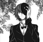  1boy bow bowtie deemo deemo_(character) greyscale holding holding_mask looking_at_viewer male_focus mask monochrome personification shirt solo tree 