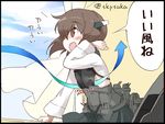  :d brown_eyes brown_hair cannon headgear kantai_collection looking_out_window machinery open_mouth short_hair smile solo suka taihou_(kantai_collection) translated turret twitter_username wind 