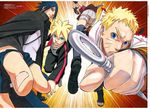  3boys ahoge boruto:_the_movie cape cloak fingerless_gloves glasses gloves jacket kishimoto_masashi kunai looking_at_viewer multiple_boys naruto official_art perspective spiked_hair toeless_boots uchiha_sarada uchiha_sasuke uzumaki_boruto uzumaki_naruto weapon whiskers 