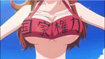  1girl animated animated_gif bouncing_breasts breasts brown_hair cleavage iida_ruri kanji large_breasts lowres maji_moji_rurumo red_eyes swimsuit 