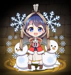  :d asahina_hikage black_hair blue_eyes braid chibi fur_trim long_hair open_mouth parody puzzle_&amp;_dragons shokugeki_no_souma smile snowflakes snowman solo tadokoro_megumi twin_braids 