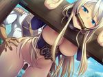  1boy 1girl bit_gag blonde_hair blue_eyes bottomless breasts breasts_out breasts_outside censored cum cum_in_pussy domination dutch_angle functionally_nude gag gagged game_cg humiliation kantaka large_breasts long_hair mashou_no_nie mashou_no_nie_3 mireille_von_austria navel nipples pillory sex solo_focus tears vaginal 