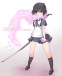  black_hair black_skirt copyright_name flower-shaped_pupils holding holding_sword holding_weapon karukan_(monjya) katana loafers ninja_slayer origami paper_crane petals pink_eyes pink_scarf pleated_skirt scarf school_uniform serafuku shoes short_hair short_sleeves skirt solo standing sword symbol-shaped_pupils weapon yamoto_koki 