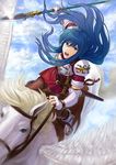  :o armor bad_id bad_pixiv_id belt blue_eyes blue_hair breastplate cloud cloudy_sky dark_blue_hair day dress elbow_gloves fingerless_gloves fire_emblem fire_emblem:_monshou_no_nazo gloves goma_(goma-folio) long_hair open_mouth pegasus pegasus_knight polearm red_dress riding sheeda sky solo spear sword thighhighs v-shaped_eyebrows weapon white_gloves 