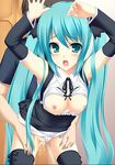  1girl aqua_eyes aqua_hair armpits arms_up blue_eyes blue_hair blush breasts censored couple cum cum_in_pussy from_behind hatsune_miku hetero long_hair looking_at_viewer nipples open_clothes open_mouth open_shirt panties panties_aside penis pussy rip@lip sex shirt skirt skirt_lift standing thighhighs twintails underwear vaginal very_long_hair vocaloid 