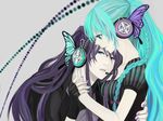  1girl aqua_hair aqua_nails bad_id bad_pixiv_id blue_eyes butterfly_hair_ornament butterfly_wings couple fingerless_gloves gloves hair_ornament hatsune_miku headphones headset hetero honoka_(ranukirai) hug kamui_gakupo long_hair magnet_(vocaloid) nail_polish ponytail purple_hair purple_nails twintails vocaloid wings 