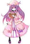  black_legwear book capelet crescent full_body hat hoshikuzu long_hair mary_janes pantyhose patchouli_knowledge purple_eyes purple_hair reading ribbon robe shoes simple_background solo standing striped touhou 