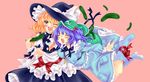  backpack bag blonde_hair blue_hair boots braid breasts cucumber food hair_bobbles hair_ornament hat jumping kawashiro_nitori key kilkennycat kirisame_marisa large_breasts multiple_girls one_eye_closed open_mouth short_hair touhou twintails two_side_up witch_hat 