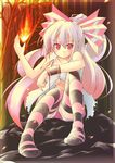  adapted_costume alternate_hairstyle blush breasts fire fujiwara_no_mokou kibushi large_breasts long_hair ponytail red_eyes shorts silver_hair sitting solo striped striped_legwear thighhighs touhou underboob 