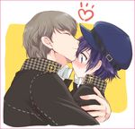  1girl androgynous bangs blue_eyes blue_hair blue_hat blush border cabbie_hat closed_mouth couple forehead_kiss grey_hair hand_on_another's_shoulder happy hat heart hetero hug kiss kurimomo long_sleeves looking_at_another narukami_yuu persona persona_4 profile red_border reverse_trap school_uniform shirogane_naoto short_hair smile stitches surprise_kiss surprised 
