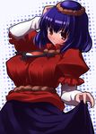  blue_hair blush breasts covered_nipples hair_ornament halftone halftone_background hand_on_own_head large_breasts mirror namamo_(kura) purple_hair red_eyes short_hair shy skirt_hold solo touhou yasaka_kanako 