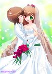  blush bridal_veil bride brown_hair dress flower formal heterochromia kleine_erdbeere laughing long_hair multiple_girls rozen_maiden short_hair siblings sisters souseiseki suiseiseki suit twins veil very_long_hair watermark wedding wedding_dress wife_and_wife yuri 