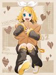  blonde_hair blue_eyes cookie fang food hair_ornament hair_ribbon hairclip heart hima_(ab_gata) kagamine_rin ribbon short_hair shorts smile solo vocaloid 