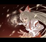  belt bow breasts emu_ichigo fighting_stance fire fujiwara_no_mokou hair_bow large_breasts long_hair ofuda red_eyes silver_hair smile solo spell_card suspenders touhou 