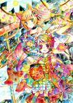  animal_ears blonde_hair choker colorful detached_sleeves fish flower fox goldfish hair_ornament highres horns kiseru lantern legomaru multiple_girls original paper_lantern pipe torii traditional_media watercolor_(medium) 