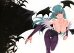  bare_shoulders bat bats breasts capcom cleavage darkstalkers demon_girl elbow_gloves gloves green_eyes green_hair head_wings headwings long_hair morrigan_aensland pantyhose stockings succubus thigh-highs thighhighs vampire_(game) wings 