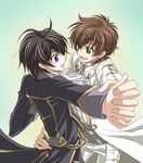  black_hair brown_hair code_geass dancing formal green_eyes kururugi_suzaku lelouch_lamperouge multiple_boys purple_eyes smile touya_(roukaku) 