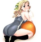  ass bad_id bad_pixiv_id ball blonde_hair blue_eyes blush bow breasts copyright_request hair_bow large_breasts long_hair looking_back masao mouth_hold one-piece_swimsuit ribbon sideboob socks solo striped swimsuit 