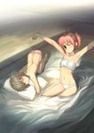  :&lt; absurdres armpits arms_up bent_over blush brown_eyes brown_hair flat_chest green_eyes highres long_hair looking_at_viewer md5_mismatch midiman multiple_girls navel no_bra one_eye_closed original panties pillow red_hair short_hair stretch striped striped_panties topless twintails underwear waking_up 