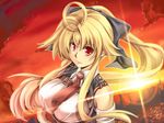  blonde_hair breasts large_breasts long_hair necktie original ponytail red_eyes solo sunset windart 