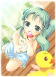  aqua_eyes aqua_hair baby bib blurry child depth_of_field dutch_angle hatsune_miku imoi_(mizutama) long_hair lying on_side pacifier pov rubber_duck solo spring_onion twintails vocaloid younger 