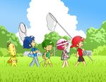  4boys alien beetle blue_hair bug bug_hunting butterfly_net cape cloud day field green_hair hand_net hiking insect kabiinyo_(kab) multiple_boys original pink_hair red_hair rural sky summer thermos tree 