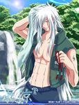  1boy artist_request forest jiraiya male male_focus naruto nature ninja open_clothes open_shirt outdoors shirt sky solo tattoo towel water waterfall wet white_hair 