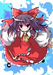  absurdres black_hair blue_eyes bow detached_sleeves from_above gohei hair_bow hakurei_reimu highres hoshikuzu ofuda ribbon solo touhou 