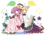  back-to-back bad_id bad_pixiv_id blonde_hair book bow braid capelet hair_bow hat kirisame_marisa kodamari multiple_girls open_book patchouli_knowledge purple_eyes purple_hair reading robe short_hair sitting smile touhou witch_hat yellow_eyes 