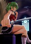  bad_id bad_pixiv_id blood bracelet choker cigarette copyright_request cross crossed_legs foreshortening frills green_hair hands highres jewelry legs ring sitting smoking solo supertie sword weapon yellow_eyes 