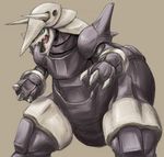  aggron brown_background claws cowboy_shot fighting_stance gen_3_pokemon horns no_humans open_mouth pokemon pokemon_(creature) serene_(gusarme) simple_background sketch smile solo 