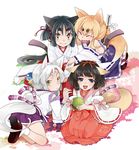  animal_ears ball black_hair blonde_hair closed_eyes detached_sleeves fang fox_ears fox_tail japanese_clothes miko multiple_girls original shino_satoru tail temari_ball white_hair 