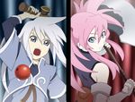  1girl axe cut-in elbow_gloves genius_sage gloves holding holding_axe kamakiri kendama looking_back presea_combatir sleeveless tales_of_(series) tales_of_symphonia twintails weapon 