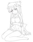  absurdres barefoot greyscale hat highres lineart long_hair monochrome patchouli_knowledge sitting solo tdk touhou wariza 