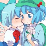  cirno flower hair_bobbles hair_ornament hat kawashiro_nitori kiss lowres machiko_(beard) multiple_girls sketch sleeves_rolled_up touhou two_side_up yuri 