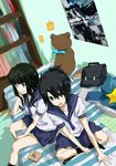  bad_id bad_pixiv_id bag bed bedroom black_hair black_rock_shooter black_rock_shooter_(character) dead_master green_eyes hatori(ky indoors kuroi_mato multiple_girls poster_(object) school_uniform serafuku short_hair smile takanashi_yomi twintails 