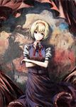 against_wall alice_margatroid blonde_hair blue_eyes crossed_arms dress hairband head_tilt lefthand neck_ribbon ribbon short_hair smile solo standing touhou 