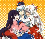  angry annoyed black_hair blue_hair bow dress fujiwara_no_mokou hair_bow halftone halftone_background hat houraisan_kaguya japanese_clothes kamishirasawa_keine kneeling long_hair love_triangle multiple_girls ofuda pants shinoasa silver_hair sitting sleeves_past_wrists smirk suspenders sweatdrop tears touhou very_long_hair wavy_mouth yuri 