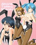  akane_(fukuoka_katsumi) all_fours animal_ears back black_hair blue_eyes blue_hair breasts brown_eyes brown_hair bunny_ears bunnysuit cleavage fang fukuoka_katsumi large_breasts looking_back medium_breasts misaki_(fukuoka_katsumi) multiple_girls original pantyhose red_eyes short_hair tiles touka_(fukuoka_katsumi) twintails 