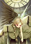  angel_wings asymmetrical_wings bangs bare_arms blonde_hair ceiling closed_mouth couch dome eyelashes indoors kimura_daisuke looking_at_viewer lying mecha_musume mechanical_wings on_stomach original outstretched_arms prosthesis red_eyes solo white_wings wings 