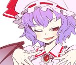  bat_wings fingernails hands hat katou_haruaki one_eye_closed purple_hair red_eyes remilia_scarlet ribbon short_hair smile solo touhou wings 