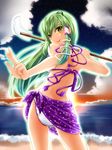  bikini frog gohei green_eyes green_hair hair_ornament irusu kochiya_sanae long_hair ocean snake solo swimsuit touhou 