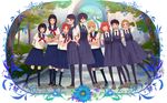  aoi_hana black_hair braid brown_hair flower glasses happy hon'atsugi_youko ikumi_kyouko kneehighs lineup manjoume_fumi mary_janes motegi_miwa multiple_girls okudaira_akira oono_haruka pantyhose red_hair school_uniform serafuku shigureteki shoes skirt smile socks sugimoto_yasuko tree twin_braids ueda_ryouko yasuda_misako 