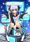  bad_id bad_pixiv_id blue_eyes bow cable chobi_(pixiv) dog hair_bow halo highres kneehighs koi_(koisan) monitor oversized_object pixiv pixiv-tan purple_hair short_twintails sitting smile socks solo star striped stylus twintails wings 