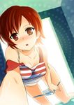  bad_id bad_pixiv_id blush bra_strap brown_eyes face foreshortening original panties panty_pull red_hair short_hair solo striped striped_panties underwear undressing zpolice 