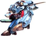  cockpit energy_cannon flying gerwalk gunpod helmet katsuragi_kei mecha no_humans official_art orguss orguss_(mecha) pilot pilot_suit production_art realistic rocket_launcher science_fiction shield simple_background solo takani_yoshiyuki weapon 